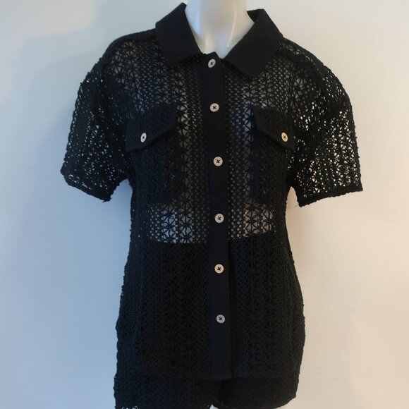 NWT Benaar LA Jeiley Black 2Pc Set Crochet Gauzy Contrast Collared Top Short M C - Picture 4 of 16